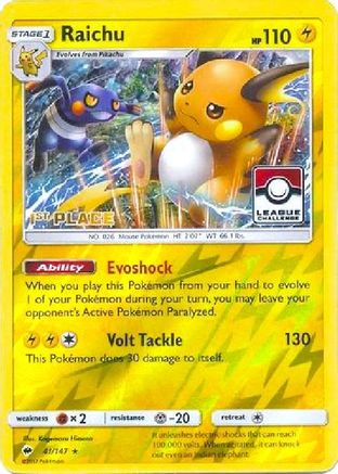 Raichu (League Challenge) [1st Place] (041/147) [League & Championship Cards] Reverse Holofoil - Promo